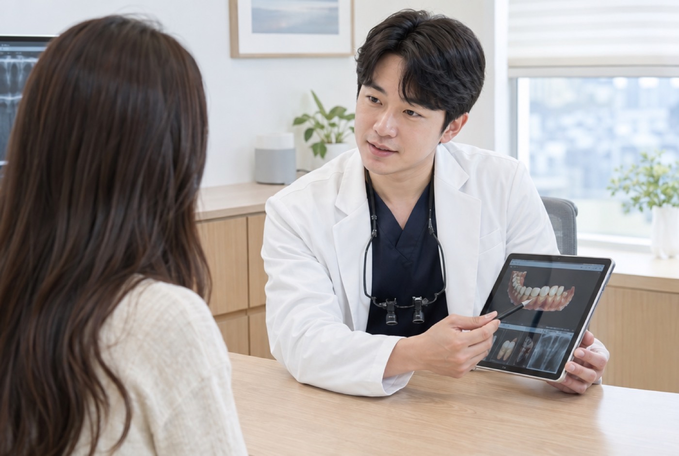 밝은 상담실에서 흰 가운을 입은 원장이 얼굴이 보이지 않도록 앉은 환자분에게 태블릿으로 치료 계획을 설명하는 모습