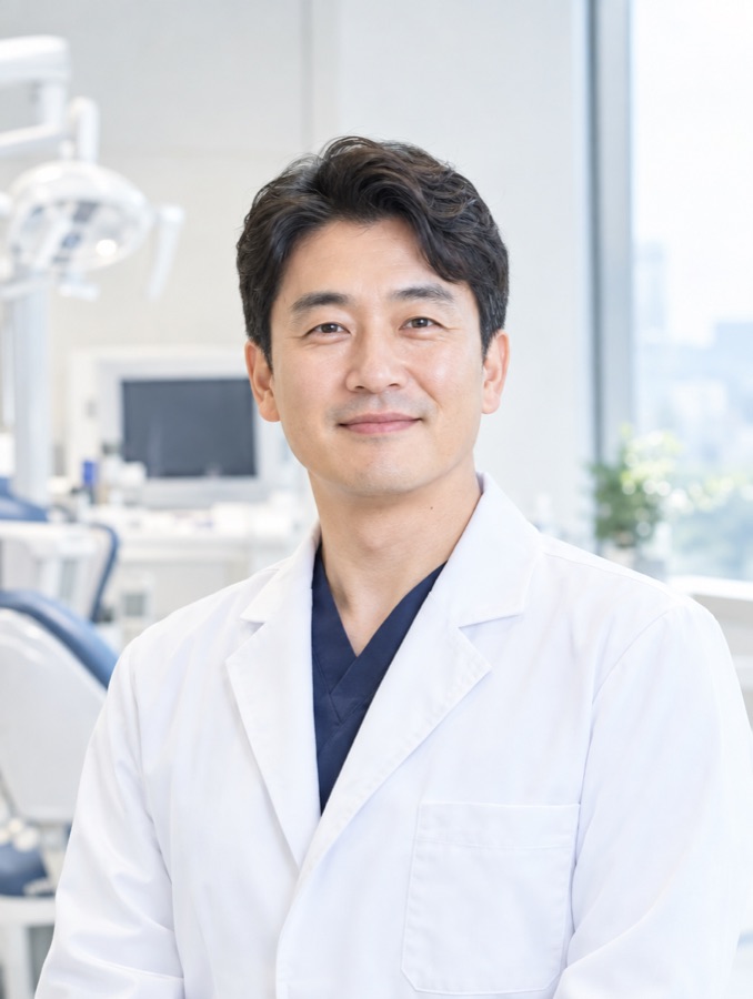 맑음치과 대표원장 김도윤. 흰 가운을 입고 밝은 진료실에서 정면으로 서 있는 사진