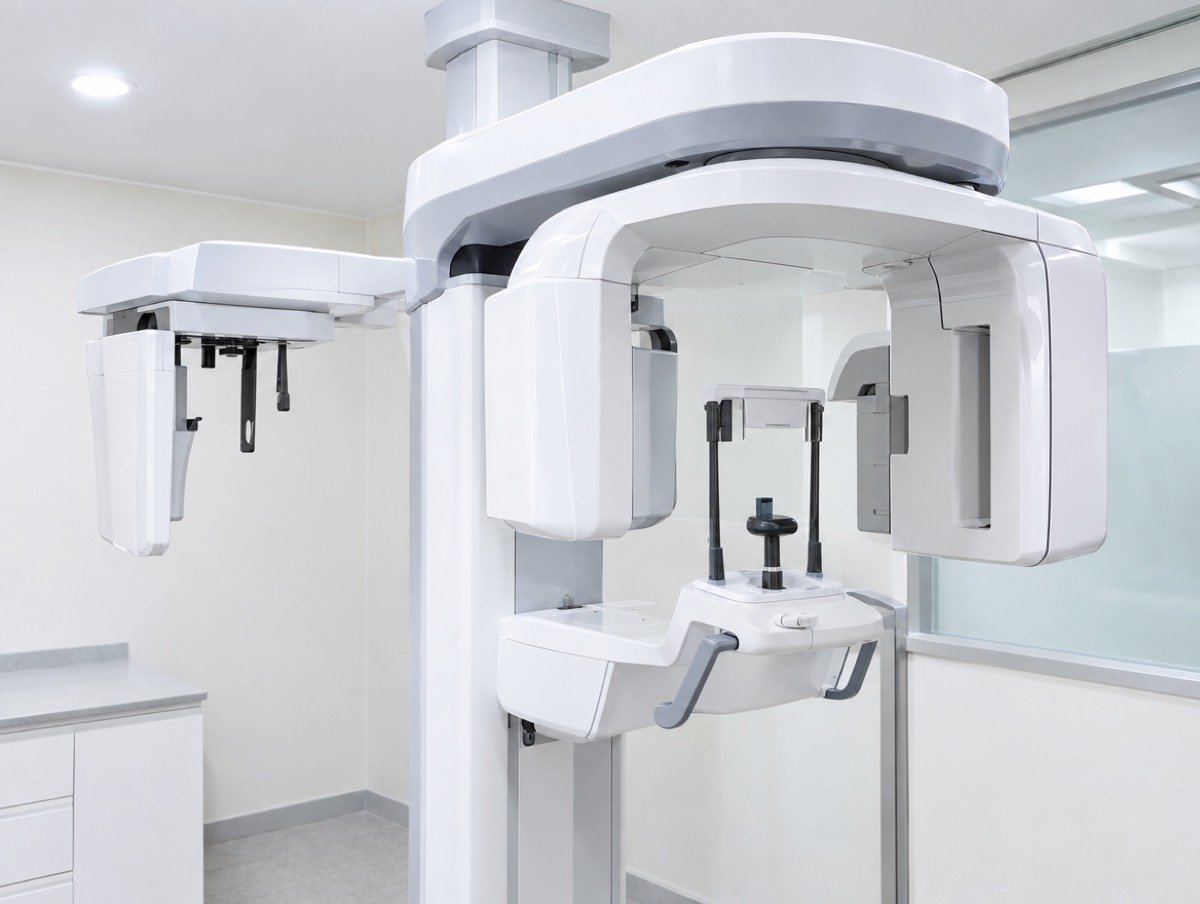 천장 매립형 전경 CBCT 패노라마 엑스선 장비와 환자 Chin Rest